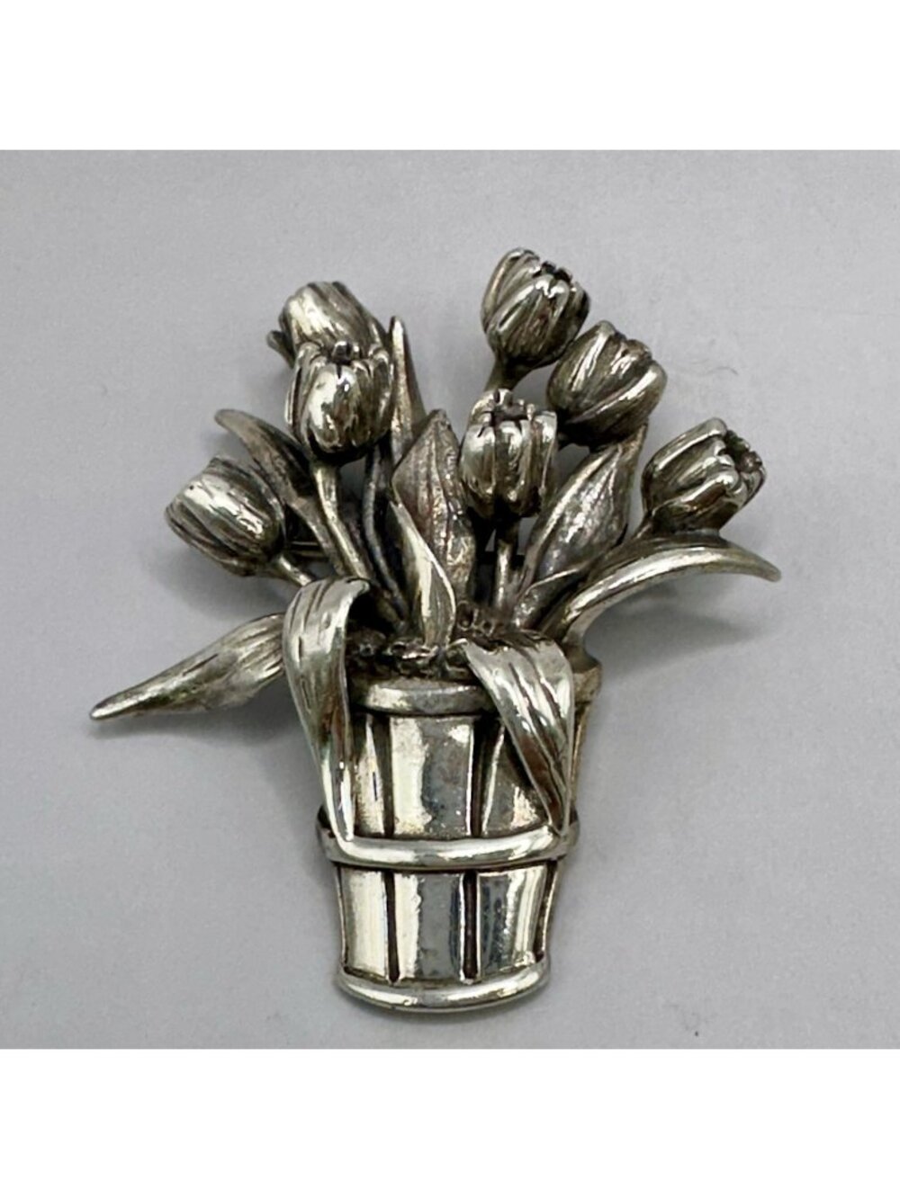 Tulip Flower Pot Basket Brooch Signed H&H 925 Hand Hammer Sterling Silver Pin
